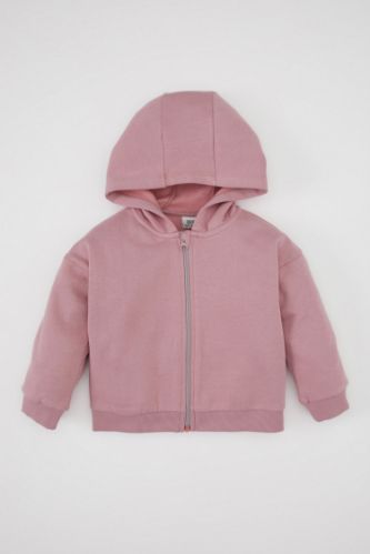 Kız Bebek Kapüşonlu Basic Düz İçi Yumuşak Tüylü Fermuarlı Sweatshirt