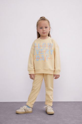 Kız Bebek 2'li Takım Baskılı Bisiklet Yaka Sweatshirt Beli Lastikli Eşofman Altı