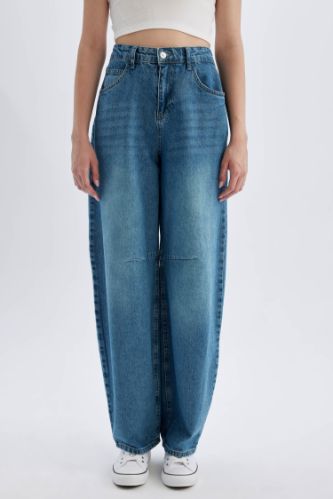 Baggy Fit Yüksek Bel Uzun Yıkamalı Jean Pantolon