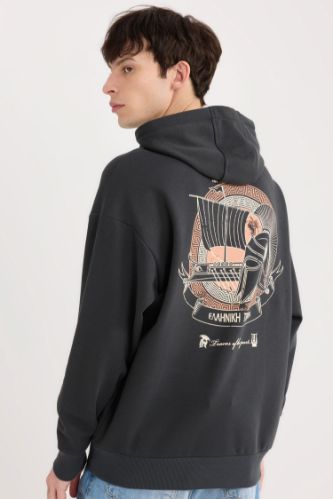 Boxy Fit Kapüşonlu Sırt Baskılı Sweatshirt