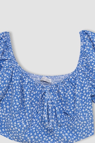 Slim Fit Round Collar Printed Short Sleeve Blouse