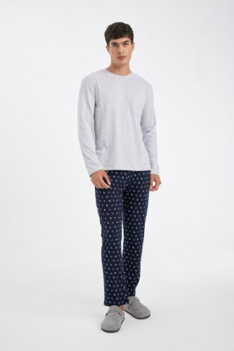 Pijama Takımı Bisiklet Yaka Uzun Kollu Üst Desenli Beli Lastikli Alt