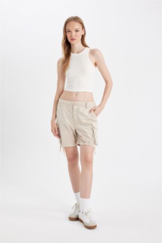 WOMAN Beige Regular Fit Normal Waist Gabardine Shorts
