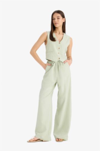 Women Mint Wide Leg Three Pockets Normal Waist Trousers
