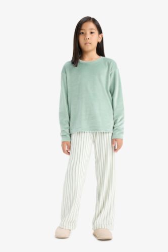 Kız Çocuk Pijama Takımı Polar Uzun Kollu Üst Çizgili Uzun Alt