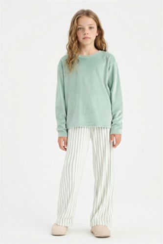 Pijama Takımı Polar Uzun Kollu Üst Çizgili Uzun Alt Kız Çocuk