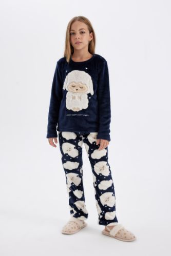 Kız Çocuk Pijama Takım Pelüş Uzun Kollu Üst Beli Lastikli Uzun Alt