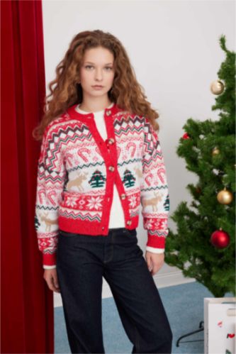 Yılbaşı Temalı Bisiklet Yaka Düğmeli Triko Hırka