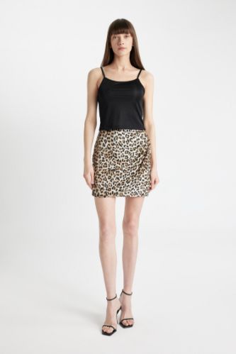 Mini Jupe en Satin à Taille Normale à Motif Léopard