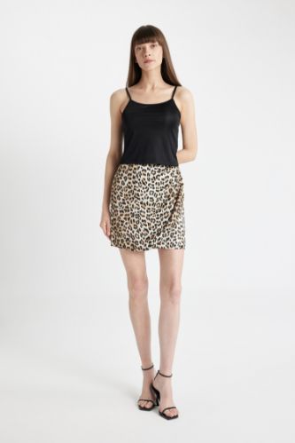 Ecru FEMME Mini Jupe Satin a Taille Normale a Motif Leopard 3138201 DeFacto