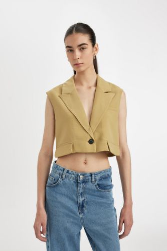 Crop Ceket Yaka Basic Düz Blazer Yelek