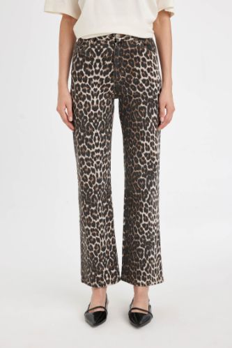 Straight Fit Leopar Gabardin Pantolon Yüksek Bel Cepli Uzun