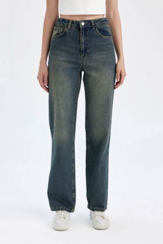 90's Wide Leg Fit Yüksek Bel Geniş Paça Jean Yıkamalı Pantolon
