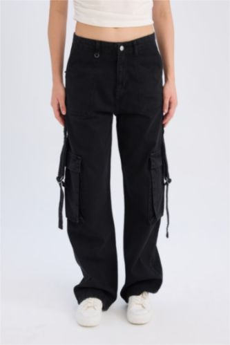 WOMAN Black Wide Leg High Waist Cargo Jeans