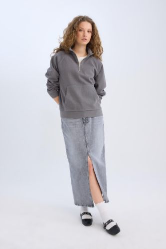 Long Fit Yırtmaçlı Cepli Uzun Boy Jean Etek