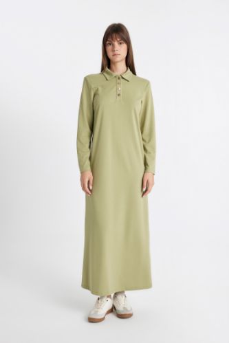 Regular Fit Polo Yaka Uzun Kollu Pike Maxi Basic Düz Elbise