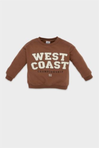 Erkek Bebek Açık Kahve Erkek Bebek Bisiklet Yaka Baskılı İçi Yumuşak Tüylü Sweatshirt