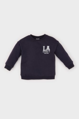 سويت شيرت بيبي اولادي كحلي بطبعة شعار قصة عادية وبطانة ناعمة