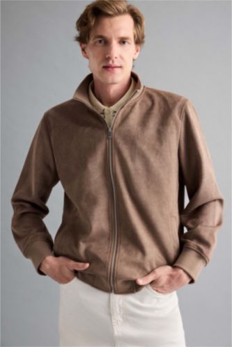 Slim Fit Dar Kesim Dik Yaka Astarlı Fermuarlı Cepli Süet Mevsimlik Baharlık Mont