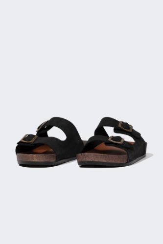 Man Flat Sole Double Banded Leather Slippers