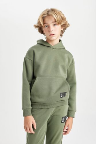 Erkek Çocuk Oversize Geniş Kalıp Kapüşonlu Cepli Kalın Okul Sweatshirt