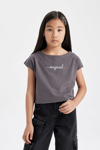 Kız Çocuk Baskılı Crop Kısa Kollu Tişört