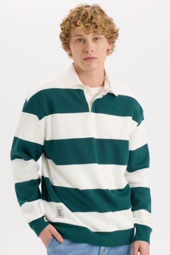Boxy Fit Polo Yaka Çizgili Sweatshirt