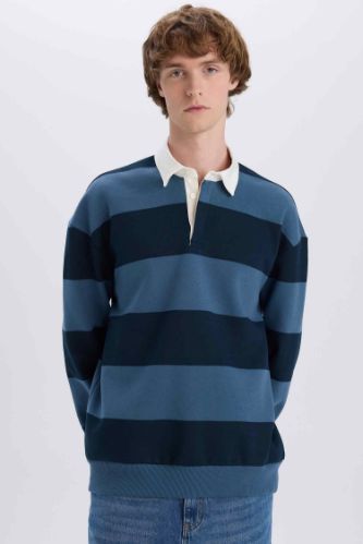 Boxy Fit Polo Yaka Çizgili Sweatshirt