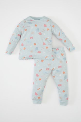Kız Bebek Pijama Takımı Desenli Penye Bisiklet Yaka Uzun Kollu Üst Uzun Alt