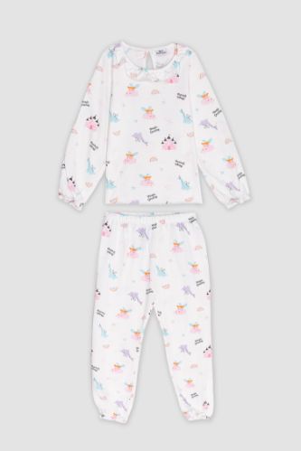Kız Bebek Pijama Takımı Penye Dinazor Desenli Uzun Kollu Pijama Üstü Esnek Belli Uzun Pijama Altı