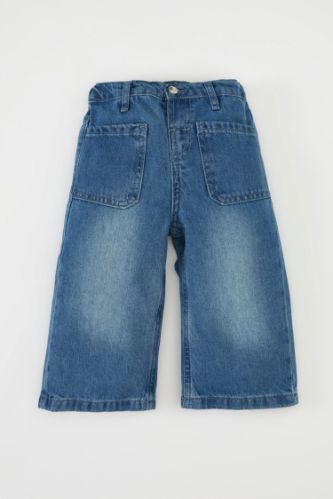 Kız Bebek Esnek Bantlı Geniş Bol Paça Beli Lastikli Cepli Jean Pantolon