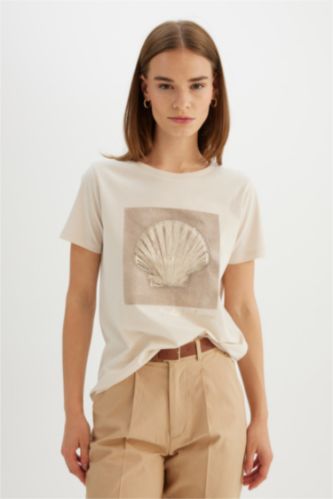 WOMAN Light Stone Regular Fit Crew Neck Printed Cotton T-Shirt