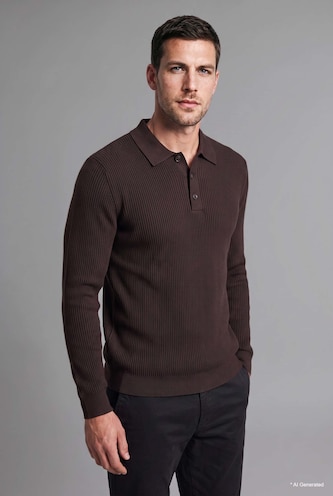 HOMME Marron Foncé Pull en tricot basic à col polo boutonné Coupe standard