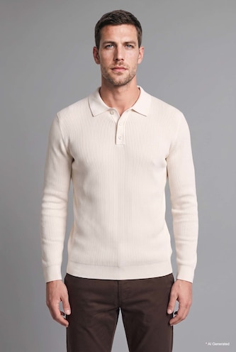 HOMME Écru Pull en tricot basic à col polo boutonné Coupe standard