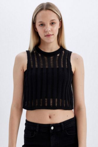 Regular Fit Crop Bisiklet Yaka Kroşe Atlet