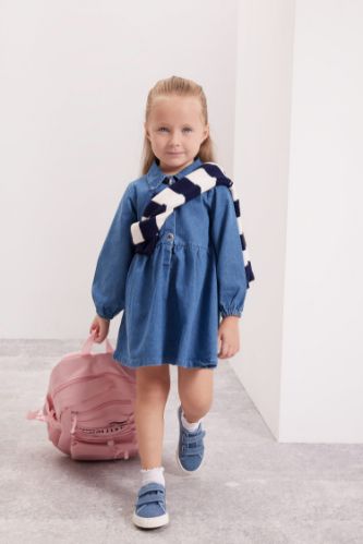 Kız Bebek Polo Yaka Uzun Kollu Yarım Düğmeli Jean Elbise