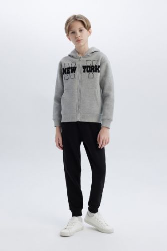 Erkek Çocuk 2'li Takım Kapüşonlu Baskılı Fermuarlı Sweatshirt Beli Lastikli Eşofman Altı