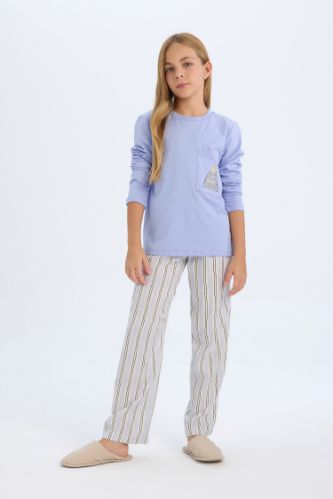 Kız Çocuk Pijama Takım Bisiklet Yaka Uzun Kollu Üst Beli Lastikli Uzun Alt