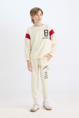 BOYS & TEENS Ecru Boy Regular Fit Elastic Waist Leg Printed Sweatpants