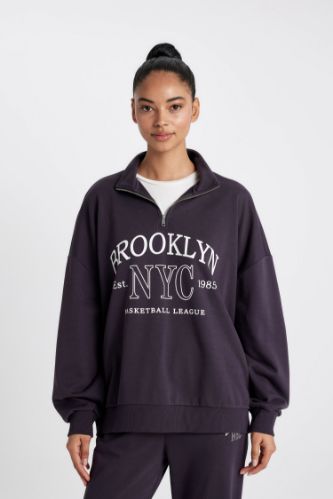 DeFactoFit Oversize Geniş Kalıp Yarım Fermuarlı Baskılı Sporcu Sweatshirt