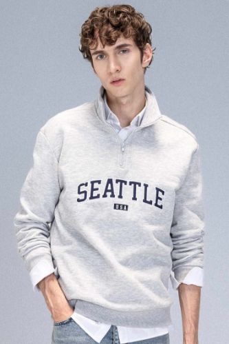 Relax Fit Fermuarlı Dik Yaka Baskılı Kalın Sweatshirt