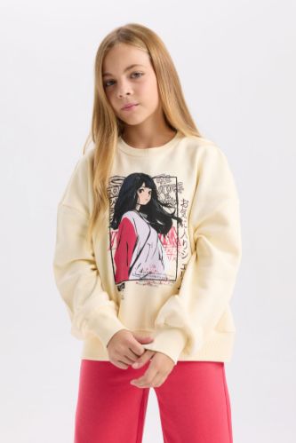 Kız Çocuk 2'li Takım Bisiklet Yaka Baskılı Sweatshirt Beli Lastikli Jogger Eşofman Altı
