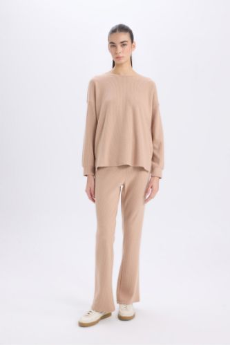 Pijama Takımı Regular Fit Basic Düz Uzun Kollu Üst Geniş Bol Paça Alt-Fall in Love