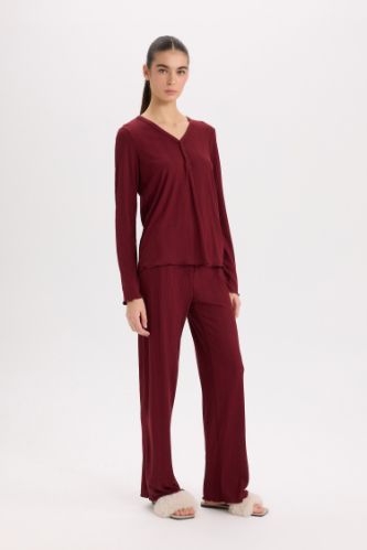 Pijama Takımı V Yaka Düğmeli Ribana Uzun Kollu Üst Beli Lastikli Geniş Paça Alt-Fall in Love