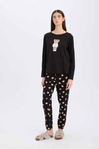 Fall in Love Pijama Takımı Regular Fit Bisiklet Yaka Baskılı Uzun Kollu Üst Uzun Alt