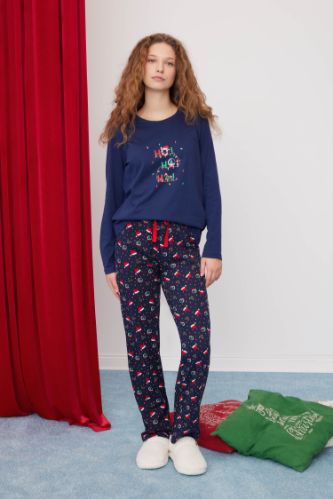 Yılbaşı Temalı Pijama Takımı Uzun Kollu Üst Beli Lastikli Uzun Alt-Fall in Love