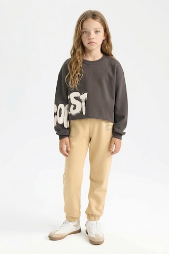 GIRLS & TEENS Beige Girl Standard Fit Elastic Waist Printed Jogger Sweatpants