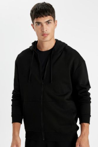 Siyah Comfort Regular Fit Rahat Kalıp Kapüşonlu Kalın İçi Yumuşak Tüylü Fermuarlı Sweatshirt