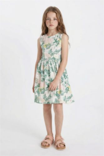 Girl Patterned Sleeveless Cotton Dress