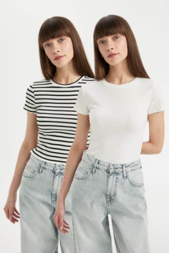 Fitted Bisiklet Yaka 2'li Fitilli Kaşkorse Basic Kısa Kollu Tişört